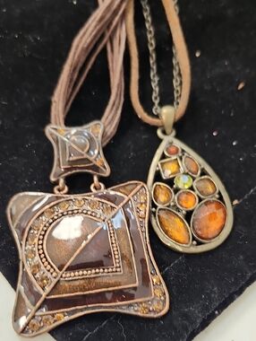 Set of Two Boho Chic Enamel and Rhinestone Pendant Necklaces